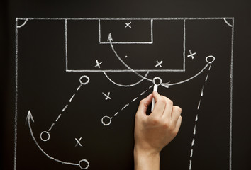Naklejka premium Coach drawing a soccer football game strategy in the locker room