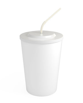 Blank white cup with straw, isolated on white, clipping path
