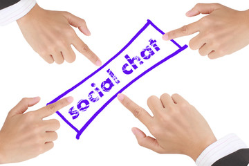    Word   social chat  and   hand isolated on white background