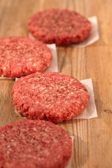 Raw burgers for hamburgers, on wood