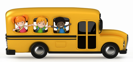 3D Render of Kids Riding School Bus