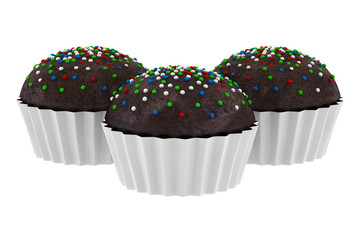 three chocolate cupcakes isolated on shite background