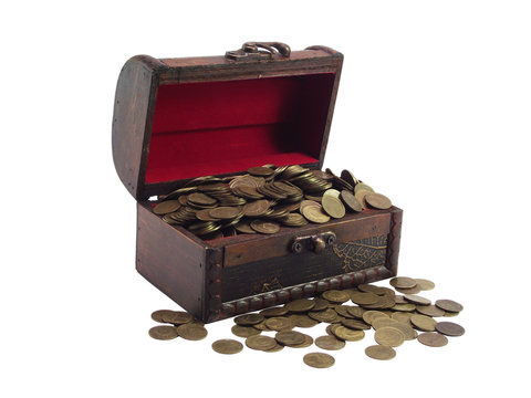 The antiquarian  wooden chest  with coins