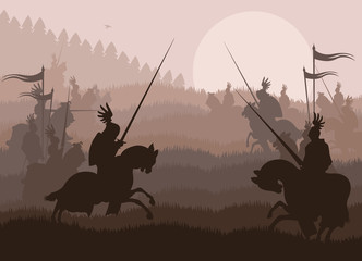 Medieval knights in battle vector background, rider leader duel