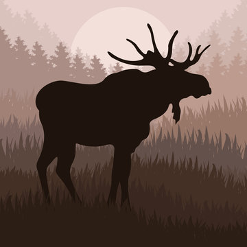 Animated moose in wild nature landscape illustration