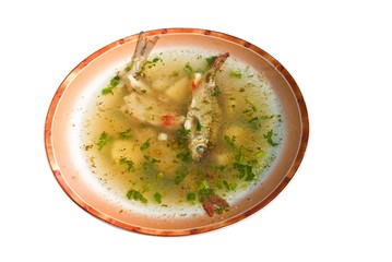 dish with fish soup on a white background