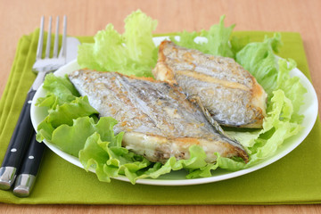 Fried swordfish on lettuce