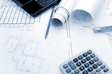 Blueprints background with computer and tools / blue toned