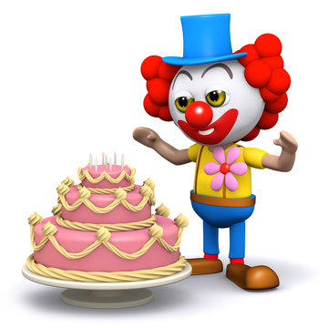 3d Clown celebrates his birthday with a big cake