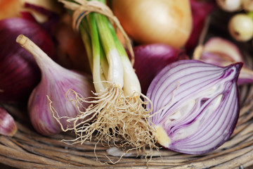 Still life with onion family vegetables