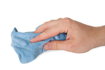 hand holding blue dirty cloth rag wiping mop up hygienic logo