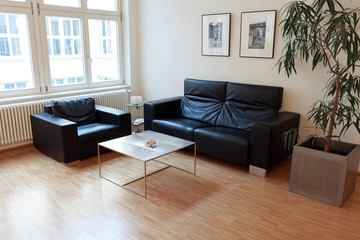Moderne Sitzecke mit Sessel und Ledercouch