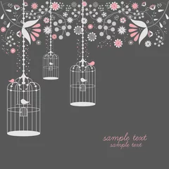 Cercles muraux Oiseaux en cages conception de cages à oiseaux vintage avec des fleurs