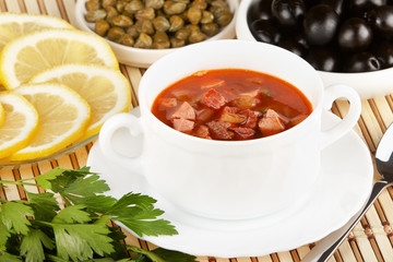 Russian and Ukrainian cuisine. Meat solyanka