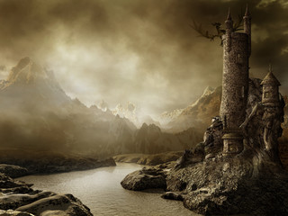 Un paysage fantastique avec un château et un dragon