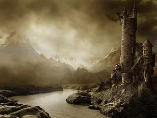 Deurstickers Draken Een fantasielandschap met een kasteel en een draak