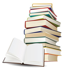 stack of books and opened book with blank pages vector