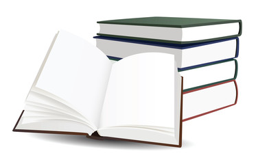 stack of books and opened book with blank pages vector