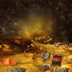 Küchenrückwand glas motiv Ein Drache schläft auf einem Schatz in einer Höhle © Obsidian Fantasy