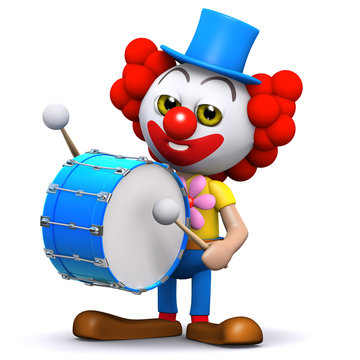 3d Clown plays a big bass drum