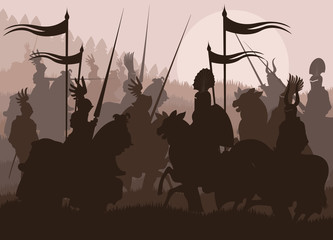 Medieval knights in battle vector background, rider leader duel