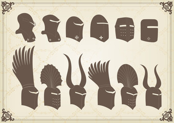 Vintage medieval knight helmets and elements vector