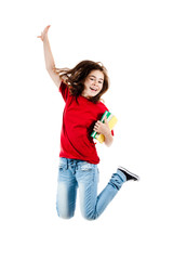 Girl jumping, running isolated on white background