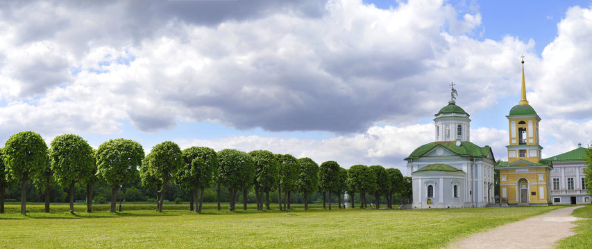 Encient church with green trees