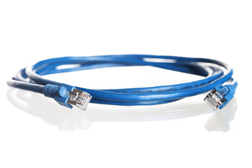 Wound-up blue network cable.