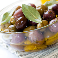 Marinated olives in a glass bowl