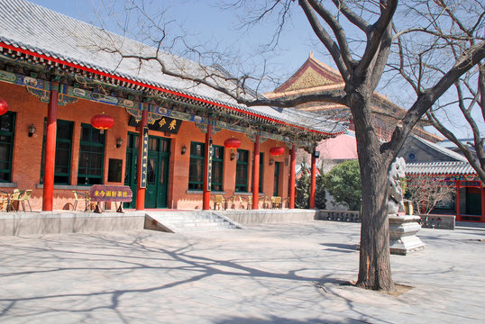 Patio with red chinese pagoda (Beijing, China)