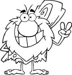 Outlined Caveman Gesturing The Peace Sign With His Hand