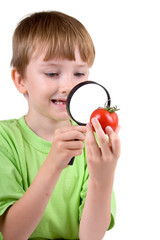 boy examines a tomato with a magnifying glass