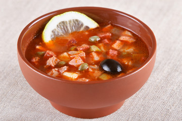 Russian and Ukrainian cuisine. Meat solyanka