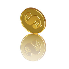 Dollar gold coin standing on edge on a white background