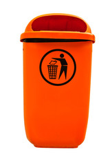 Orange plastic dust bin isolated over white background.