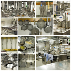 A collage of photos about kitchen restaurant