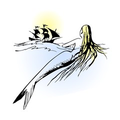 Line art vector mermaid and pirate ship on the horizon