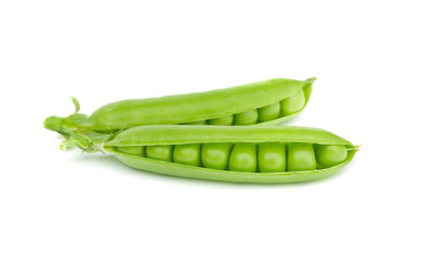 Green peas. Two pods. Isolated on white background.