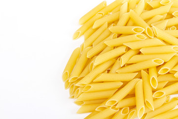 close up of a dried italian pasta on white background