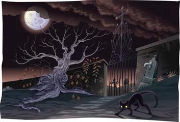 Fotobehang Black cat and cemetery in the night. Vector scene © ddraw