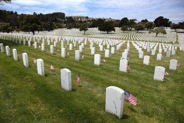 Headstones and Flags at National Cemetery