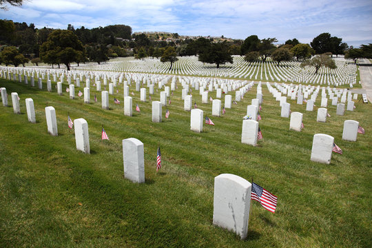 Headstones and Flags at National Cemetery