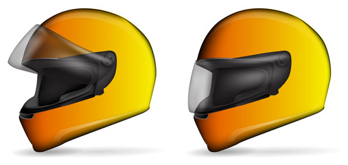 set of yellow motorcycle helmet isolated on white