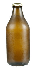 Cold beer bottle with condensation, isolated on white