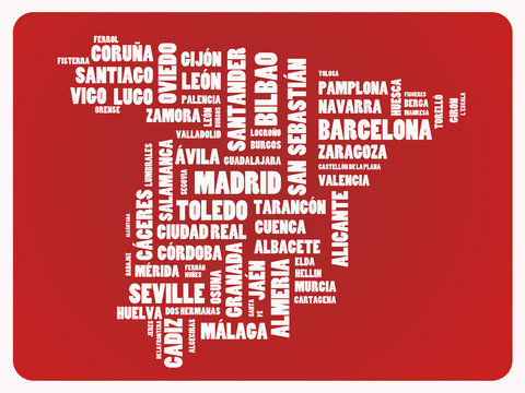 Mapa de Espanha feito com os nomes das cidades