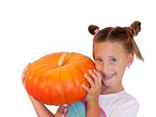 Fototapeta na wymiar Girl with pumpkin on white background