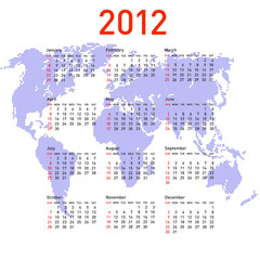 calendar 2012 with world map. Sundays first