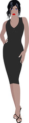 tanned woman in a black dress - obrazy, fototapety, plakaty
