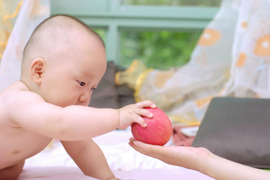 cute baby and red  apple